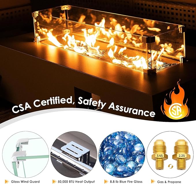 NICESOUL 42 Outdoor Propane Fire Pit Table 50000 BTU Rectangle Natural Gas Firepit with Tank Table No Assembly Low Profile Fire Table for Outside Patio &amp Backyard CSA Certified Grayish White