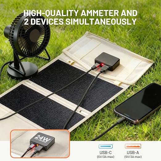 Litheli 24W Portable Solar Panel Charger Foldout Mini Solar Panel for Camping Hiking &amp Window Use IP54 Waterproof Dual USB-C/USB-A 5V/3A Foldable Solar Charger for Phone Camera &amp Power B