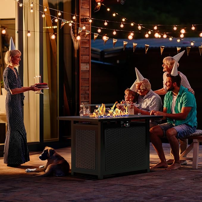 43” Outdoor Propane Fire Table Set with Heavy-Duty Glass Stones Glass Wind Guard Lid &amp Water-Resistant Cover 50000 BTU Metal Fire Pit Table Rectangle Fire Pit Table for Patio Deck