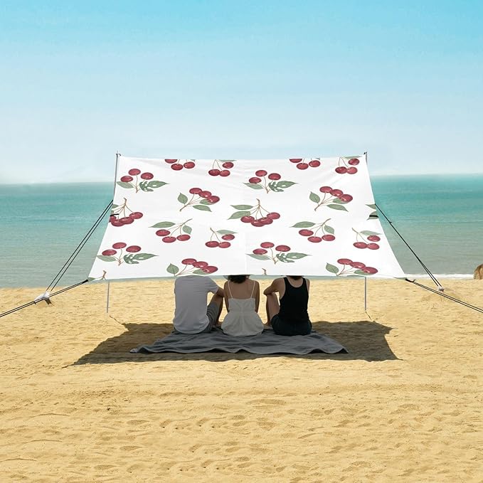 xigua Cherry Beach Tent Sun Shelter with Carrying Bag - Silver Coated Oxford Fabric Beach Canopy for Beach Camping Fishing - Includes Windproof Ropes Sandbags &amp Stakes