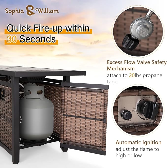 Sophia &amp William 56 Inch Gas Fire Pit Table Outdoor Rattan Propane Fire Table &amp Fireplace with Fire Glass Lid 50000 BTU Firepits for Outside Patio