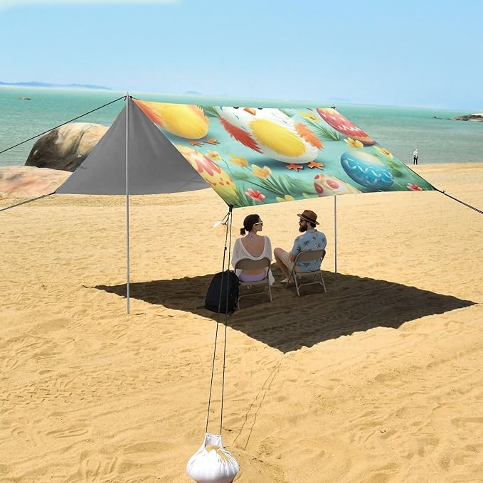 Easter Eggs Cute Chicks Beach Tent Sun Shelter Set UPF50+ UV Protection 10.5 x 9.19 FT Camping Shade Canopy with Sandbags Sand Anchors Carrying Bag and Others