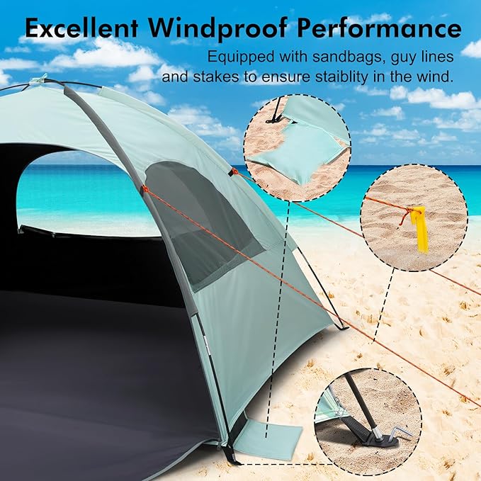 WhiteFang Beach Tent Anti-UV Portable Sun Shade Shelter for 3/4/6/8 Person Extendable Floor with 3 Ventilating Mesh Windows Plus Carrying Bag Stakes and Guy Lines