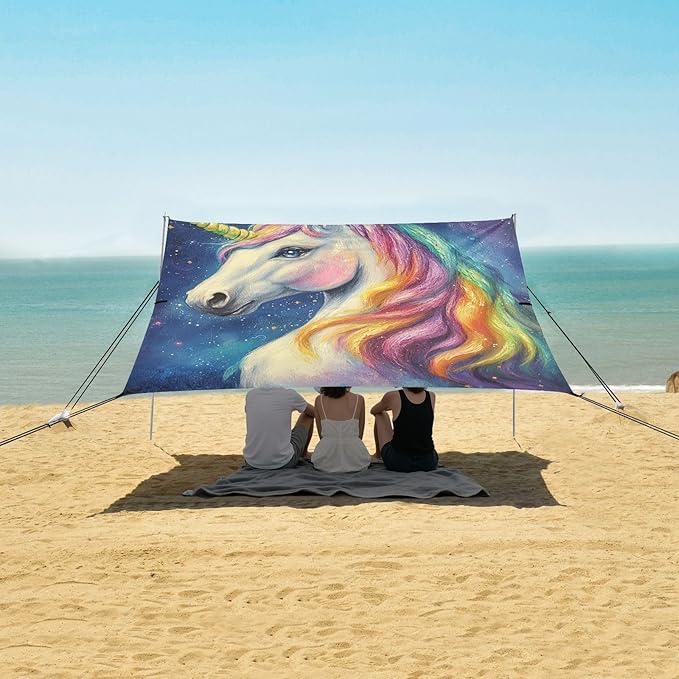ALAZA Rainbow Unicorn Starry Beach Tent Sun Shelter Portable Canopy Sunshade for Outdoor Camping Picnics Backyard Fun 10x9 ft