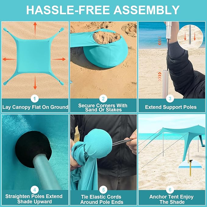Beach Tent Sun Shelter UPF50+ with Sandbags Sand Shovel &amp Windproof Poles - Portable Pop Up Canopy for Beach Camping Picnics Backyard &amp Fishing (Cyan10x10FT)