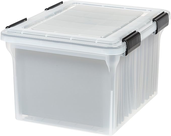 IRIS USA File Box WeatherPro Organizer Plastic for Letter/Legal Water Resistant Document Durable Lid Seal w/Secure Latching Buckles Stackable Nestable Clear 32 Qt. 1 Pack