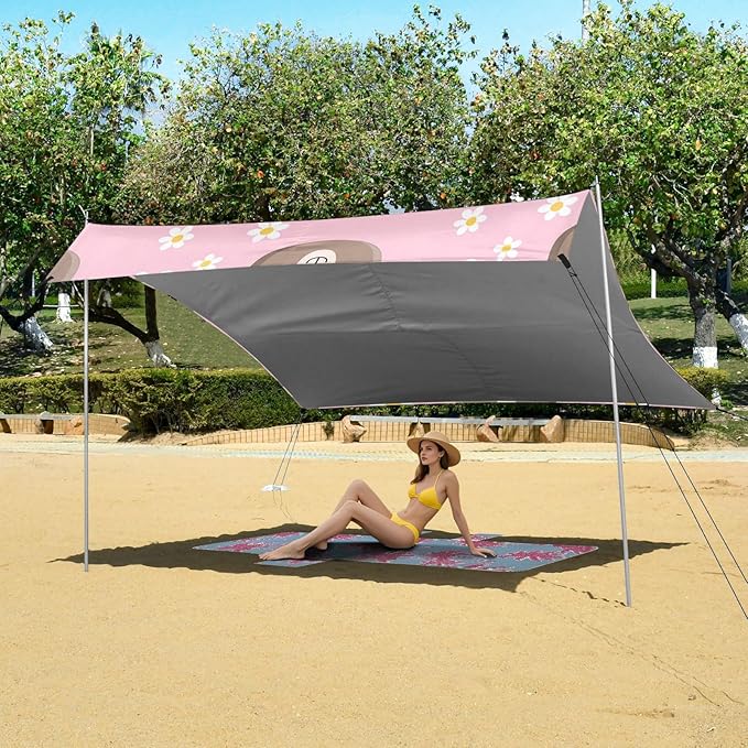 Beach Canopy with Windproof Ropes &amp Sandbags Beach Tent Sun Shade Sun Shelter for Camping Trips Fishing Backyard Fun or Picnics Bear