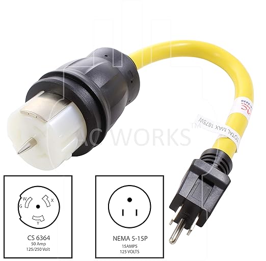 AC WORKS Generator to Transfer Switch 50Amp Inlet Box Adapter (15Amp Household Plug to CS6364 Flexible)