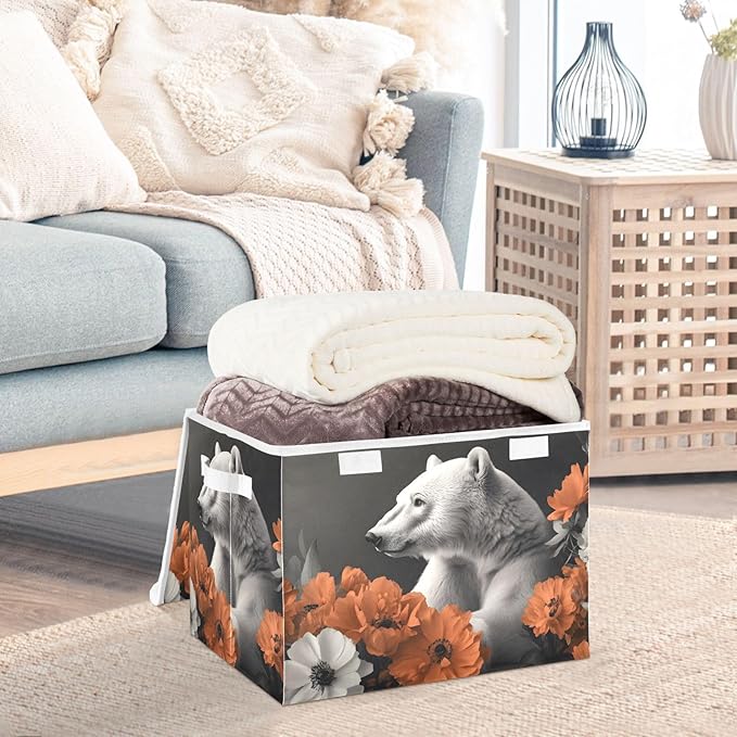 AIXIWAWA Lidded Storage Cube (Polar Bear Flower) Fabric Foldable Closet Bins with Flip Lid and Handles Organizer Basket Container 16.5 x 12.6 x 11.8 IN