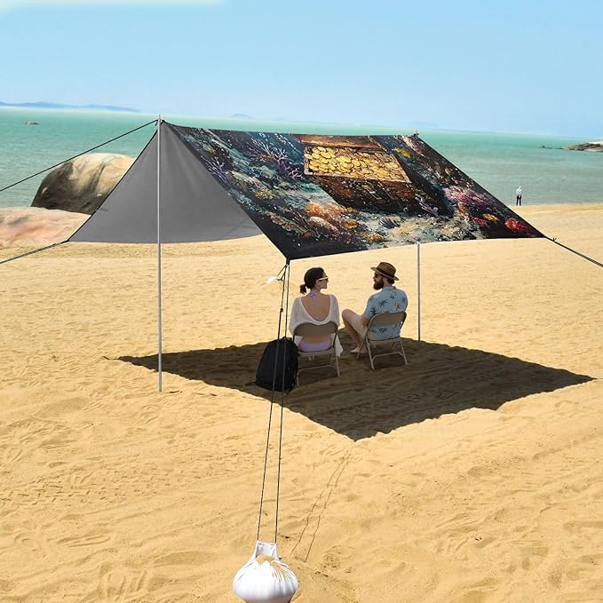 ALAZA Undersea Treasure Fish Beach Tent Sun Shelter UPF50+ Protection Beach Shade Canopy w/ 4 Sandbags for Outdoor Camping Fishing Backyard Fun Picnic 10x9 ft