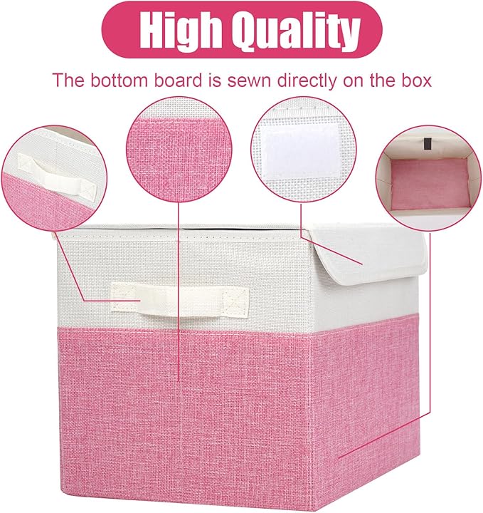 Bagnizer Large 22 Quart Linen Fabric Foldable Storage Bin Cube Organizer Basket with Flip-Top Lid &amp Handles Clothes Blanket Box for Home Office Closet Pink &amp White 4 Pack 14.6 x 9.5 x 9.5