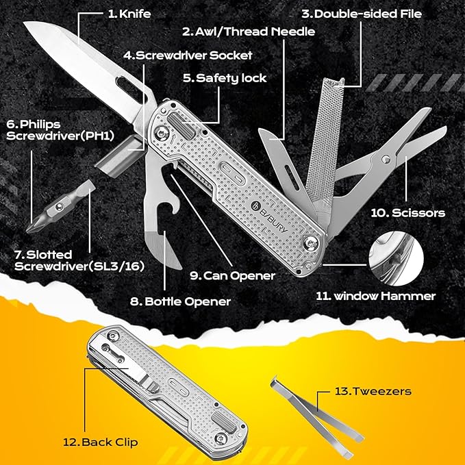 BIBURY Multitool Pocket Knife BI2056 Stainless Steel Multi Tool Knife with Clip Folding Multitool EDC Knife with Magnetic LockingScrewdriverLarge ScissorsGlass Breaker for Survival Camping Hiking
