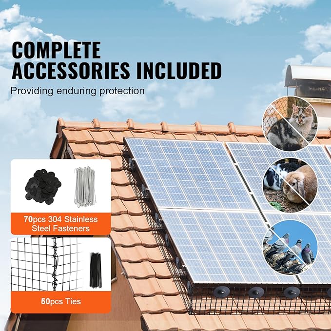 VEVOR 8 inch x 100ft Solar Panel Bird Guard Critter Guard Roll Kit with 70pcs Durable Metal Fasteners Solar Panel Guard with Rust-Proof PVC Coating 1/2 inch Wire Roll Mesh