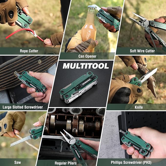 WORKPRO 2-in-1 Folding Knife/Utility Knife - Gifts for Dad &amp 18-in-1 Multi Tool Pliers Green