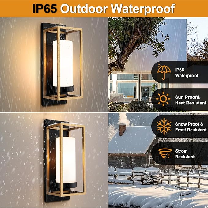 ALVIME Modern Outdoor Wall Light Brushed Gold &amp Matte Black Waterproof Enclosed Anti-Insect Wall Sconce E26 Etched Opal Glass for House Garage Door Living Room Bathroom
