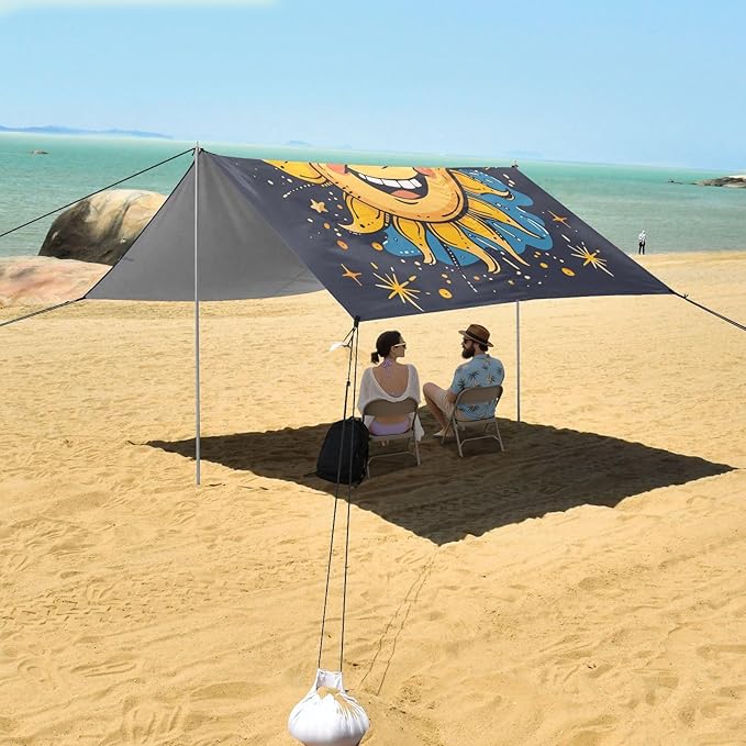 ALAZA Sun Moon Star Cartoon Funny Beach Tent Sun Shelter UPF50+ Protection Beach Shade Canopy w/ 4 Sandbags for Outdoor Camping Fishing Backyard Fun Picnic 10x9 ft