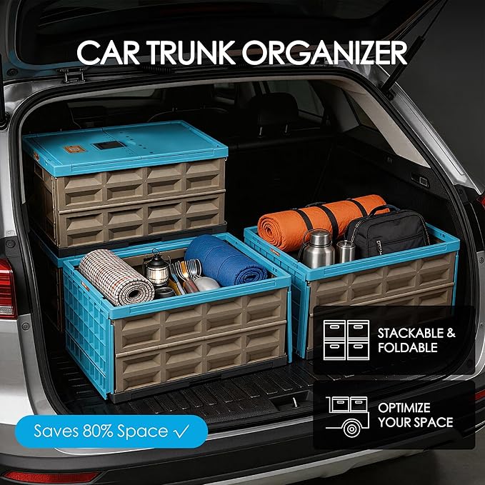 2 Pack Heavy Duty Storage Bins with Lids 12 Gallon Collapsible Plastic Containers 400 LBS Stacking Strength Foldable Locking Box for Garage Camping Truck Bed (Blue - 45L - Pack of 2)