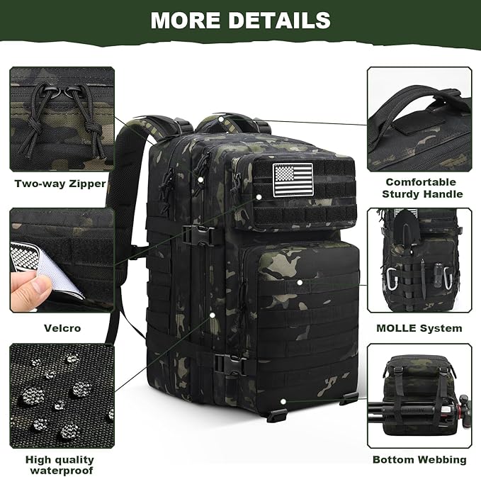 Men and Women 45L Outdoor Camouflage Backpack Capacity Hiking and Camping Bag Multi-functional Storage 3D Backpacks (Black3 45L)