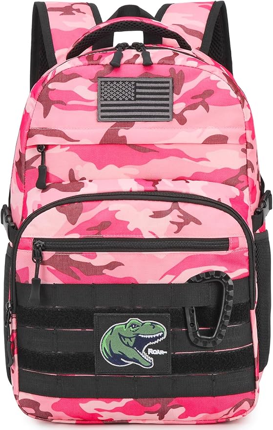 Kids Tactical Backpack Army Molle Bookbag Military Boys Backpack for School Outdoor Camping (Includes 2 Patches+1Carabiner) Pink CM