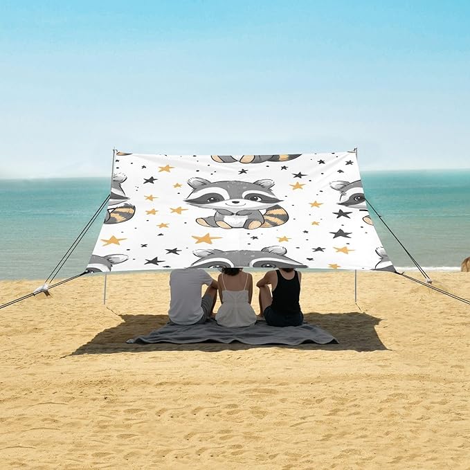 ALAZA Cute Cartoon Raccoons Stars Beach Tent Sun Shelter Portable Canopy Sunshade for Outdoor Camping Picnics Backyard Fun 10x9 ft