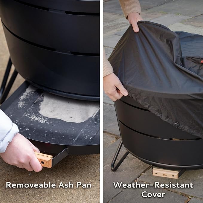 TIKI 27.5-Inch Smokeless Reunion Fire Pit Large Outdoor Fire Pit for Gatherings Wood Burning with Removable Ash Pan &amp Weather-Resistant Cover Modern Black Design – Perfect for Patio &amp Backy