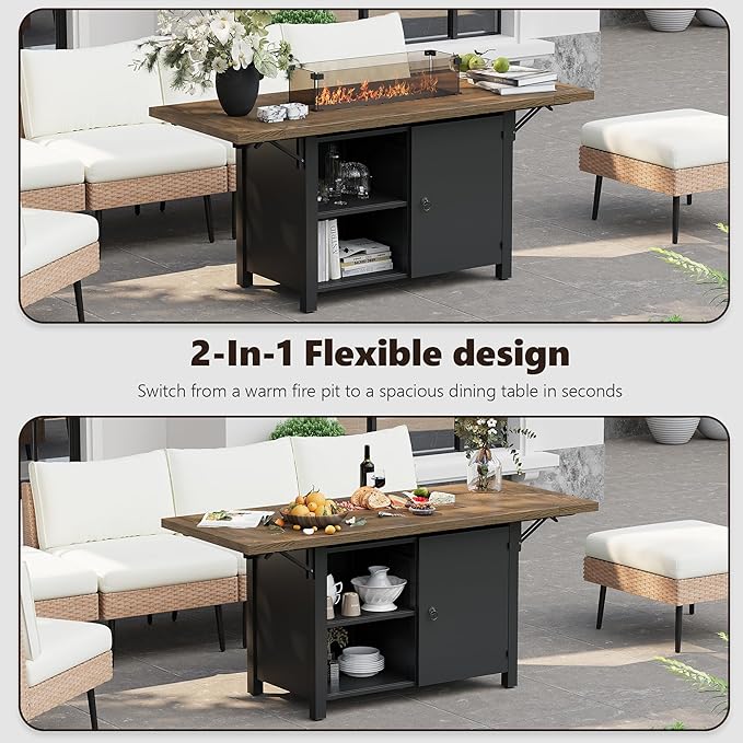55 Propane Fire Pit Table50000btu Gas Fire Pit Table with Brown Windshield &amp Lava Rock2 in 1 Foldable Expansion Table Fire Pit with CSA Certification Firepit Table for Outdoor Patio