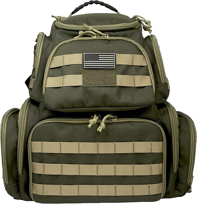 K-Cliffs Tactical Range Backpack – Lockable Bag for 5 Handguns Pouches – 900D Water‑Resistant with Rain Cover &amp USA Patch