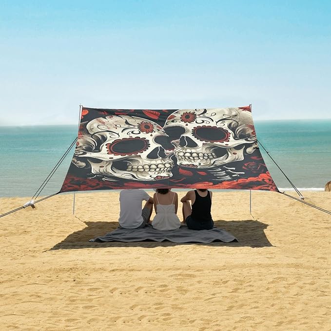 ALAZA The Day of Dead Halloween Skull and Skeleton Beach Tent Sun Shelter Portable Canopy Sunshade for Outdoor Camping Picnics Backyard Fun 10x9 ft