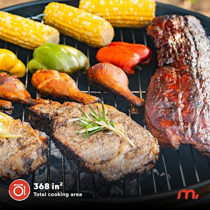Megamaster 22 Deluxe Charcoal Barbecue Grill with Adjustable Air Vent Built-In Temperature Gauge 368 SQ. In Cooking Area Storage Rack Portable Grill for Camping Picnics and More - 810-23003