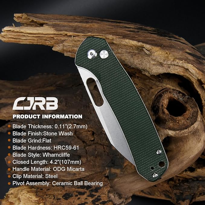CJRB Pyrite-Alt (J1925A) Folding Pocket Knife with 3.11'' Stone Wash AR-RPM9 Wharncliffe Blade Dark Green Micarta HandleButton Lock EDC Knife with Thumb Hole for TacticalOutdoorHiking and Gift