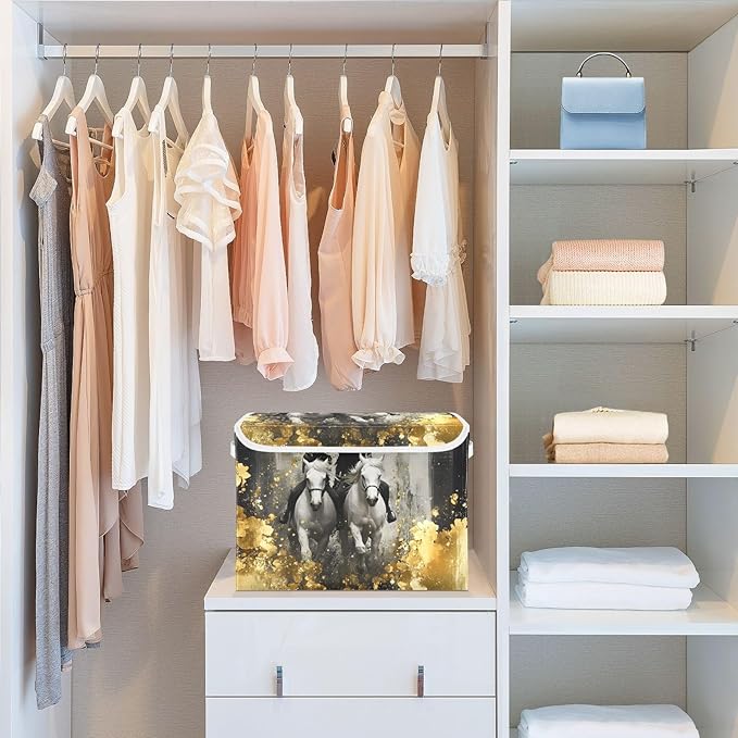 AIXIWAWA Lidded Storage Cube (Horses Gold) Fabric Foldable Closet Bins with Flip Lid and Handles Organizer Basket Container 16.5 x 12.6 x 11.8 IN