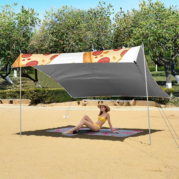 ALAZA Pepperoni Pizza Slices on White Pattern Beach Tent Sun Shelter Portable Canopy Sunshade for Outdoor Camping Picnics Backyard Fun 10x9 ft