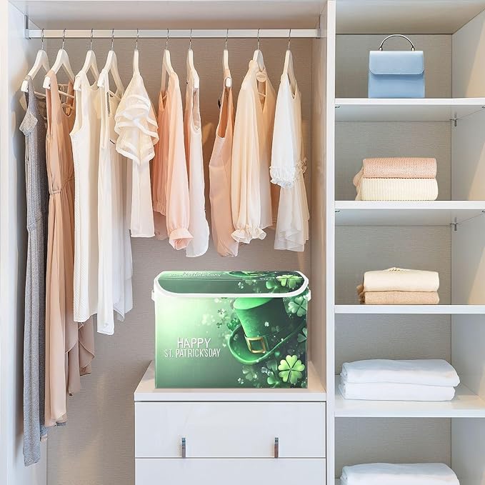Christmas Storage Baskets with Lids St. Patrick's Day Hat Collapsible Bins Stackable Fabric Linen Baskets Closet Organizer Container 16.5x12.6x11.8