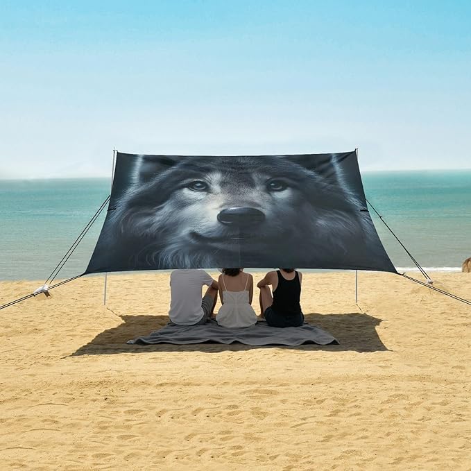ALAZA Wolf Head Animal Beach Tent Sun Shelter UPF50+ Protection Beach Shade Canopy w/ 4 Sandbags for Outdoor Camping Fishing Backyard Fun Picnic 10x9 ft