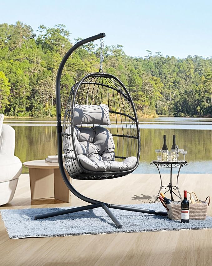 HWB Hanging Egg Chair with Stand Patio Wicker Egg Swing Chair with Cushion for Bedroom Garden Indoor Outdoor (Grey)