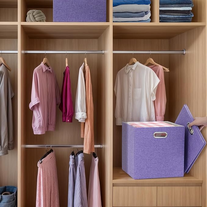 Foldable Cube Storage Bin Organizing Baskets Cubby Boxes Fabric Storage Cubes Organizer Bins with Handles for Organization Shelf Closet 13x13x13 Pack of 4 Purple