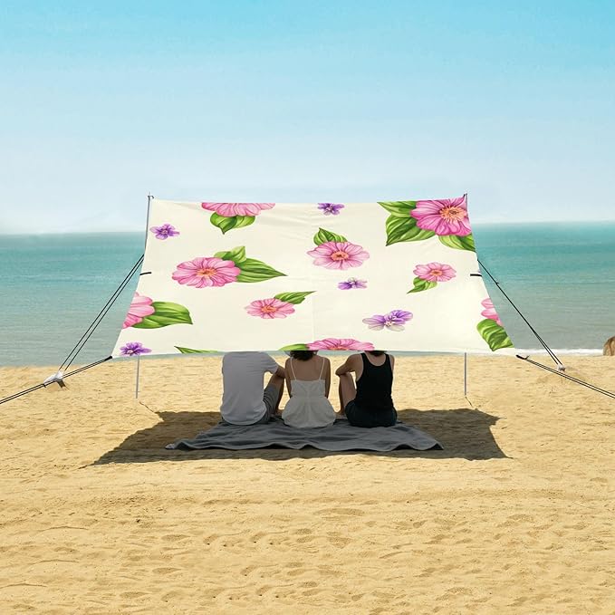 Beach Canopy with Windproof Ropes &amp Sandbags Beach Tent Sun Shade Sun Shelter for Camping Trips Fishing Backyard Fun or Picnics Flowers