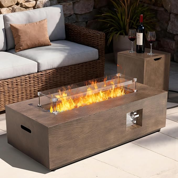 2-Piece 42 Rectangular Propane Fire Pit for Outside Patio with Hidden Tank Table 50000 BTU Fireplaces with Glass Wind Guard Lid Glass Rocks Cover(Walnut Wood Grain)