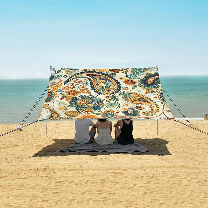 ALAZA Indian Paisley Vintage Beach Tent Sun Shelter UPF50+ Protection Beach Shade Canopy w/ 4 Sandbags for Outdoor Camping Fishing Backyard Fun Picnic 10x9 ft