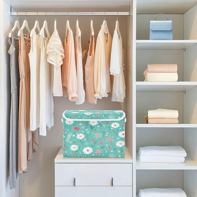 Storage Bins With Lid Stackable Fabric Closet Organizer Clothing Storage Large Boxes For Closet Shelves Bedroom Turquoise Daisy Flower Herb