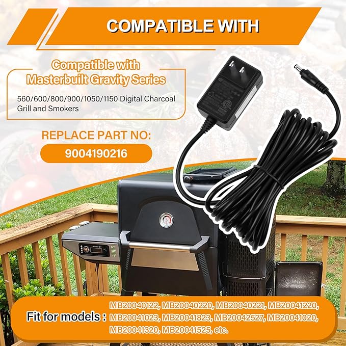 Upgrade Power Adapter Replacement for Masterbuilt Gravity Series 560/600/800/900/1050/1150 Digital Charcoal Grill + Smokers 9004190216 Power Supply Replacement Parts with 16 FT Long 18 AWG Cord