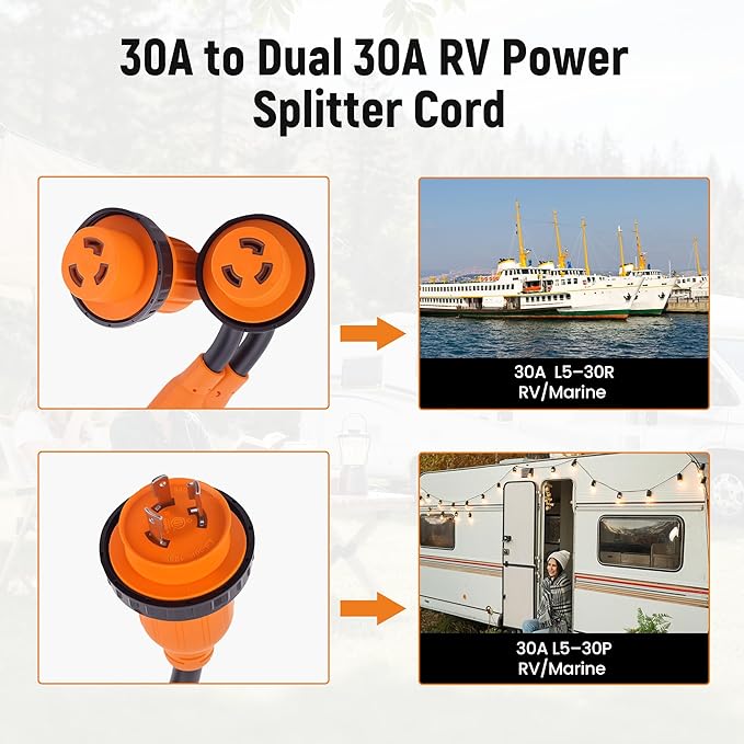 maXpeedingrods Y Adapter Power Cord L5-30P to 2X L5-30R 30A Male Plug x (2) 30A Female with Locking Rings and Sealing Rings for RVs Yachts Marine Equipment and Construction Tools.