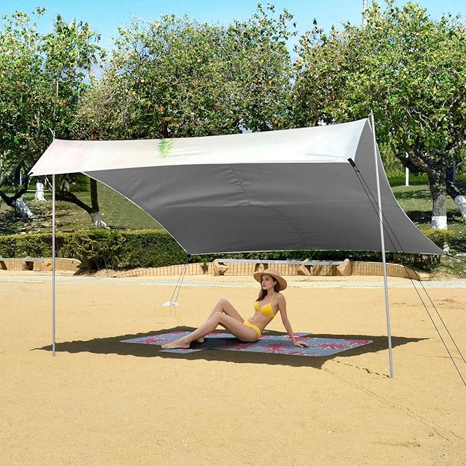 Beach Canopy with Windproof Ropes &amp Sandbags Beach Tent Sun Shade Sun Shelter for Camping Trips Fishing Backyard Fun or Picnics Purple Flower