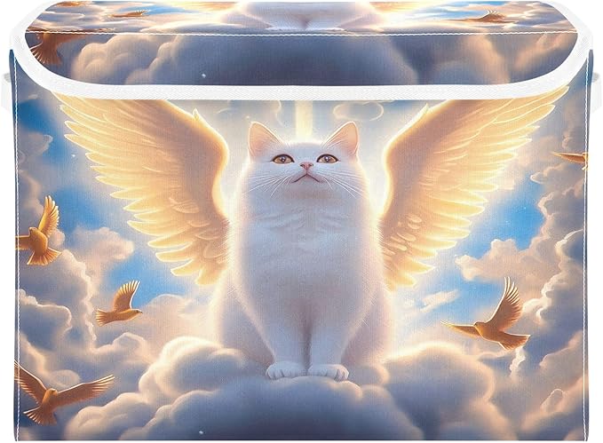 White Cat Wings Clouds Birds Storage Bins with Lids Foldable Storage Boxes Cube Closet Storage Baskets Container Organizers for Home Bedroom Office