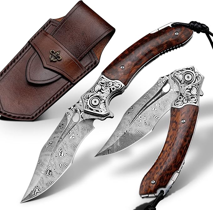 Japanese VG 10 Damascus Steel Folding Knife Outdoor Wilderness Survival Pocket Knife Snake Wood Handle Lined Lock Leather Sheath EDC Pocket Knife