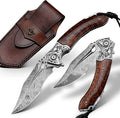 Japanese VG 10 Damascus Steel Folding Knife Outdoor Wilderness Survival Pocket Knife Snake Wood Handle Lined Lock Leather Sheath EDC Pocket Knife