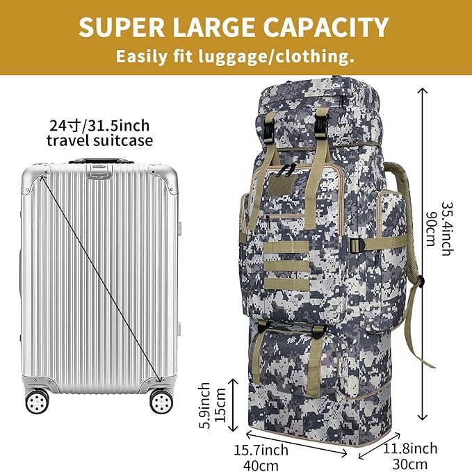 Hiking Backpack 100L Large Camping Backpack Expandable Waterproof MOLLE Rucksack Outdoor Sport Travel Daypack Military Tactical Back pack for Men Women (Camouflage)