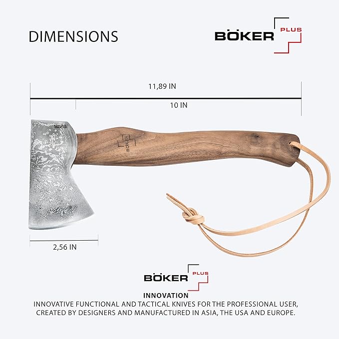BÖKER PLUS® Appalachian Axe Damascus - Premium - Damascus Blade - with Damascus Head 360 Layers - Bushcraft Camping Hunting Outdoor &amp Survival - with Wooden Handle nut &amp Leather Sheath