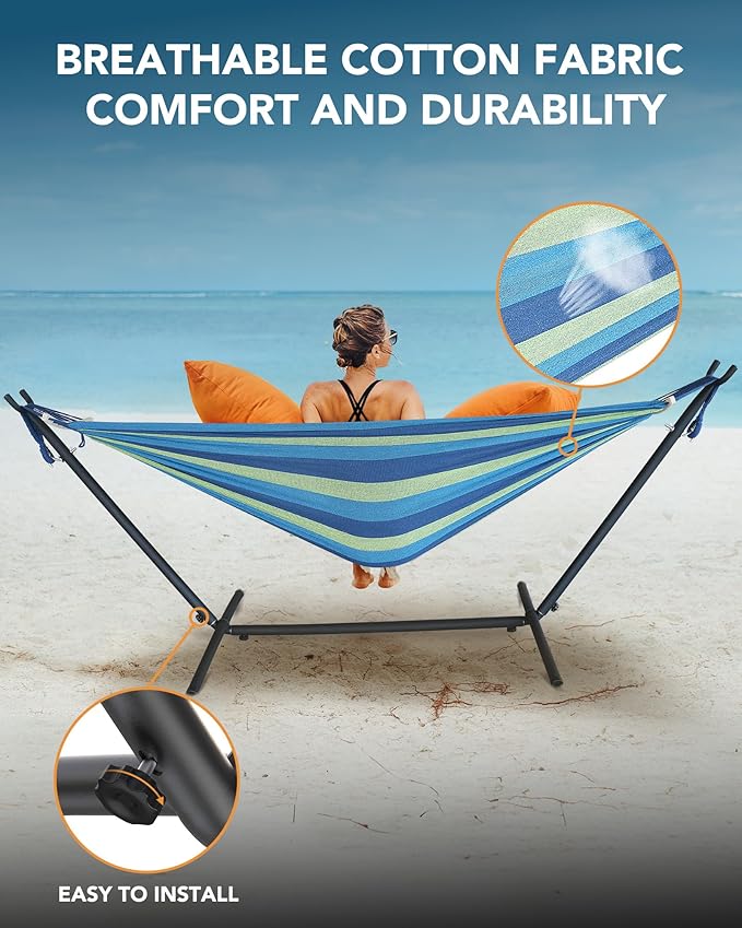 Everyfun Double Hammock with Space-Saving Steel Stand 2 Person Heavy-Duty Hammock for Garden Yard or Outdoor 600lbs Capacity Wide Blue