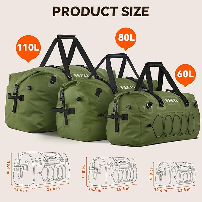HEETA Waterproof Duffel Bag Motorcycle Dry Bag Backpack 60L/80L Extra Large Rolltop Travel Duffle Bags with Straps &amp Handles for Kayaking Rafting Boating Canoeing Camping Gym Beach Cruise Ship